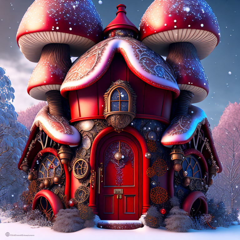 Whimsical mushroom-shaped house in snowy twilight landscape