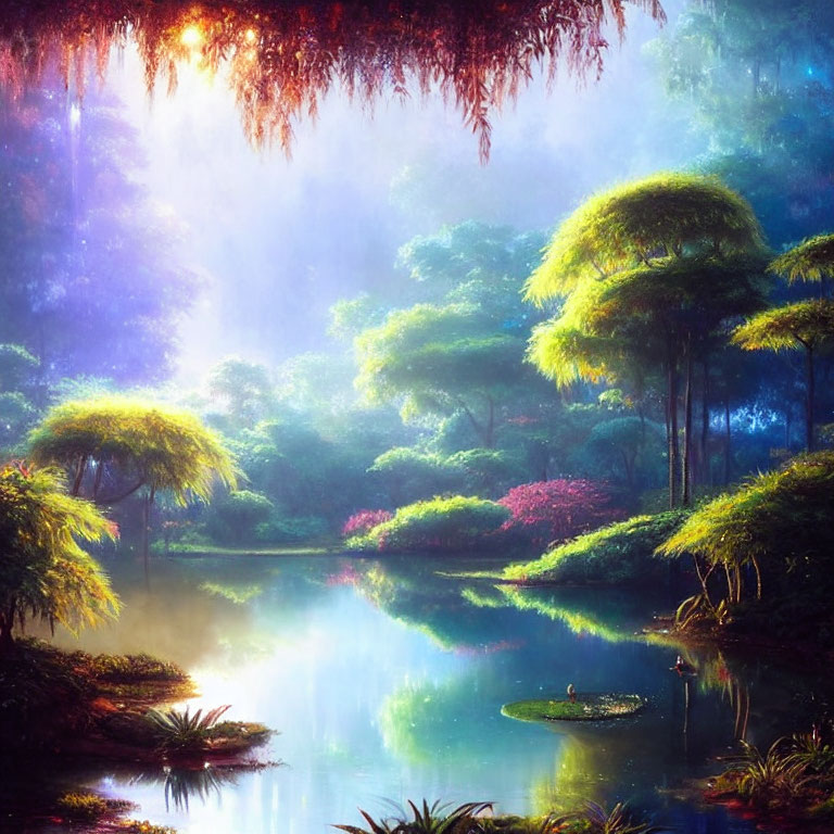 Vibrant Magical Forest Scene with Mystical Trees & Serene Pond