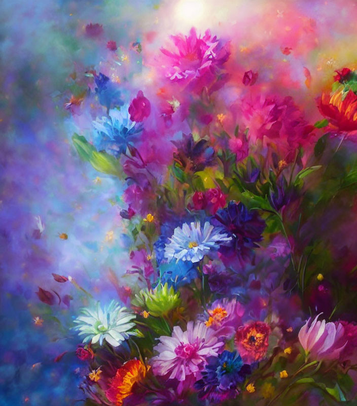 Colorful Flower Painting in Pink, Blue, and White Blooms