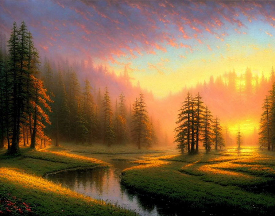 Tranquil forest landscape with tall trees and glowing sunrise/sunset