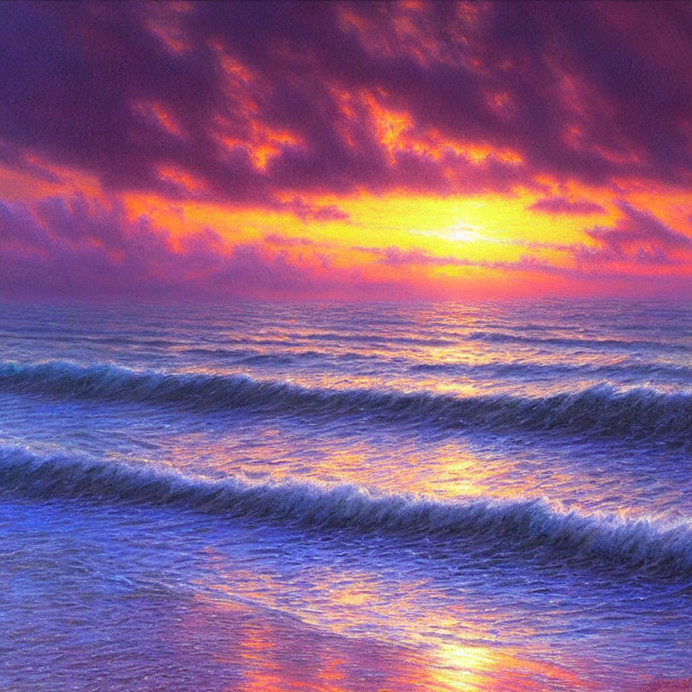 Vibrant sunset with purple and pink clouds over calm ocean waves