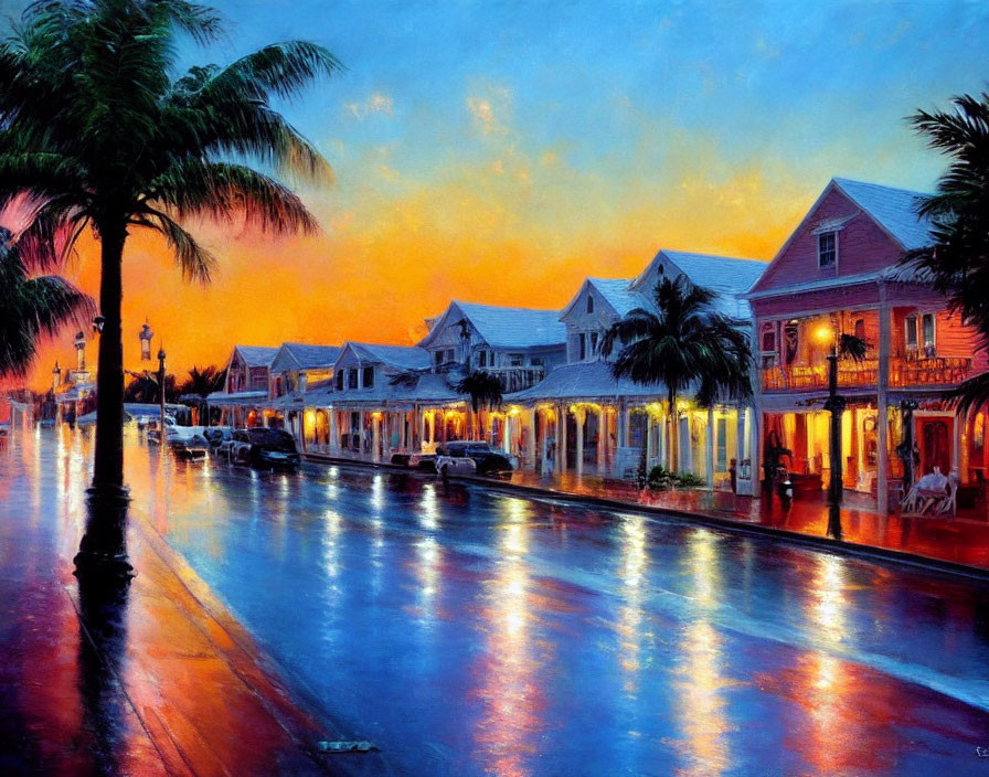 Vibrant twilight sky over palm-lined wet street with illuminated buildings, creating serene scene.