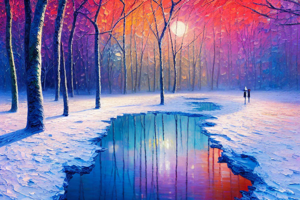 Snow-covered forest painting with blue stream and lone figure at sunset