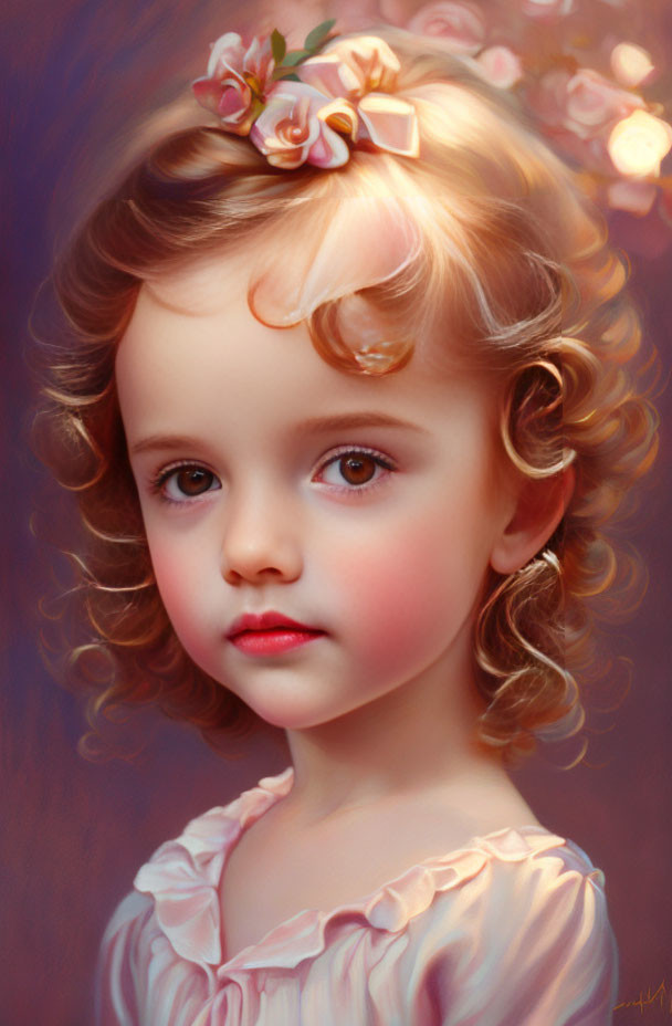 Digital painting: Young girl with curly hair and pink flowers, large eyes, blushing cheeks, soft