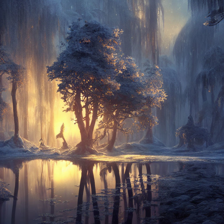 Mystical forest with glowing backdrop, water reflections, and waterfall curtains