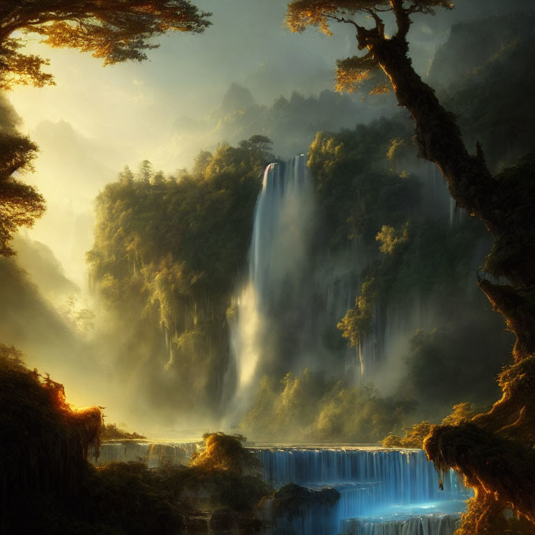 Enchanting forest scene with waterfall and sun rays