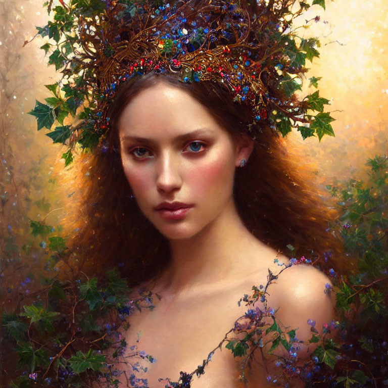 Woman adorned with intricate crown of leaves and jewels in soft glow