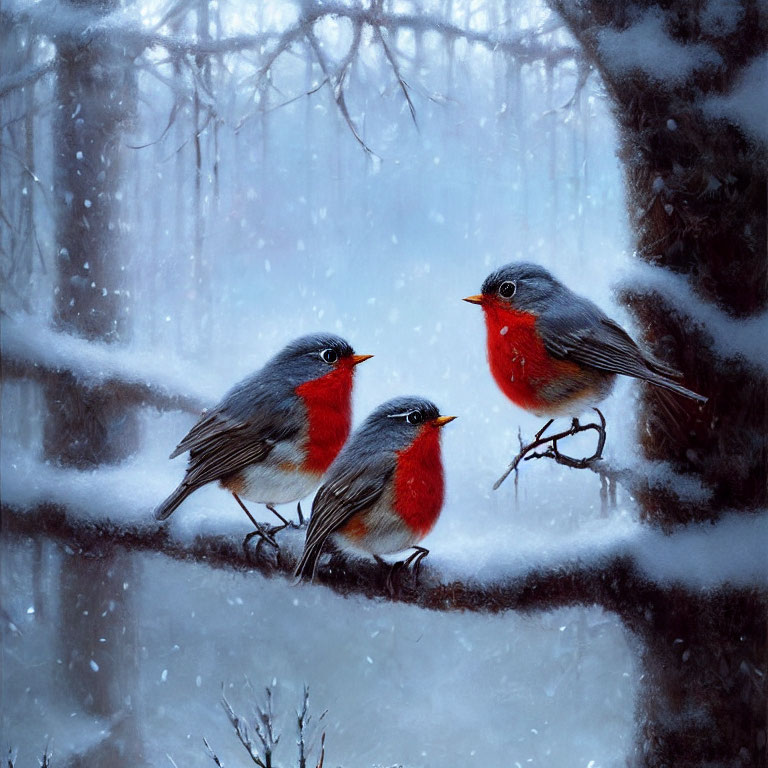 Red-breasted birds on snowy branch in misty winter forest