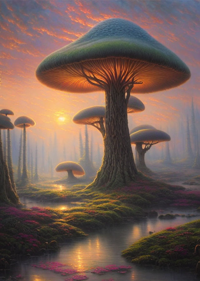 Enchanted forest with giant mushroom trees, sunset sky, river, pink flowers