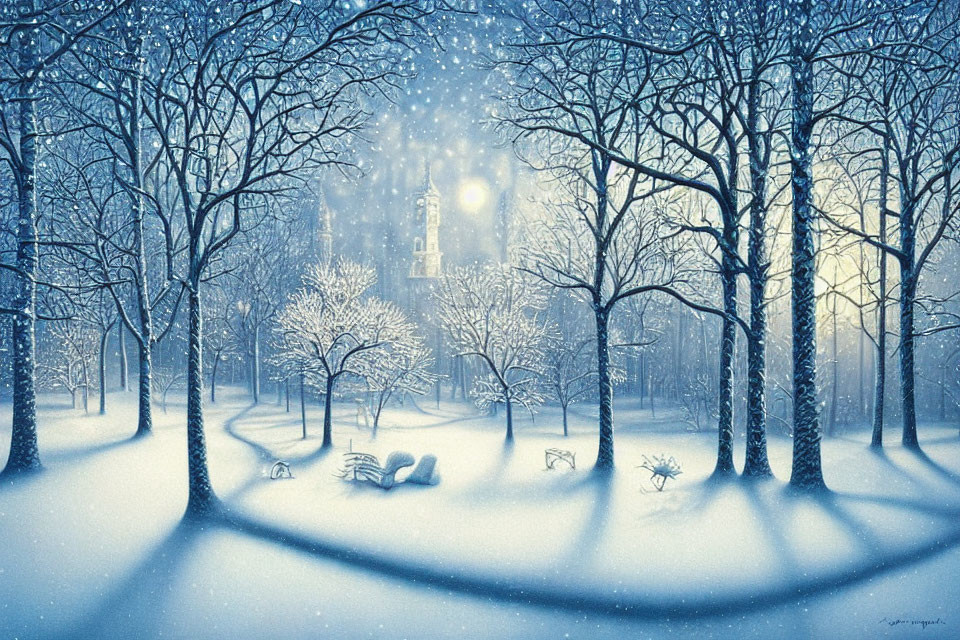 Snowy Landscape with Bare Trees and Glowing Clock Tower in Soft Blue Light