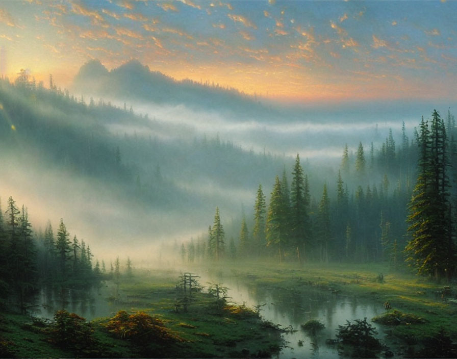 Misty forest landscape with sunlight beams over calm river