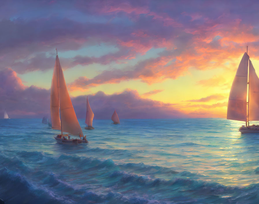 Sailboats with billowing sails on sea at sunset with pink, orange, and purple hues