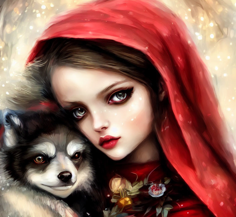 Girl in red hood embraces fluffy dog against fairytale backdrop