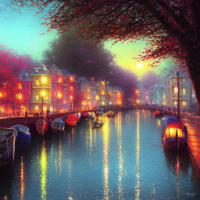 Serene canal at twilight with colorful buildings, moored boats, and setting sun