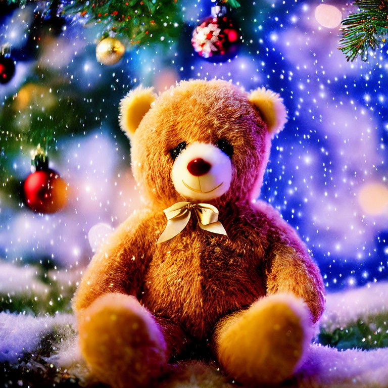 Plush Teddy Bear with Bow Tie in Festive Christmas Setting