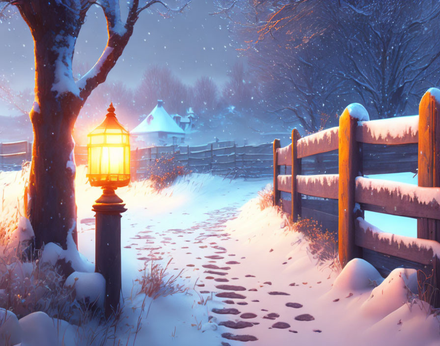 Snowy Path Illuminated by Glowing Lantern at Twilight