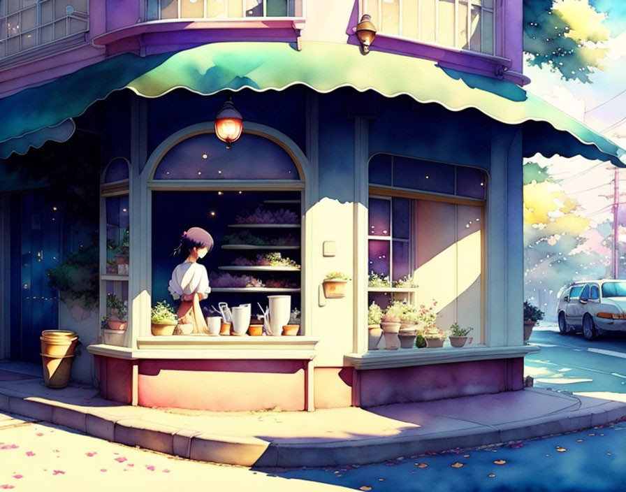 Pastel-themed corner cafe with young woman, plants, and soft lighting