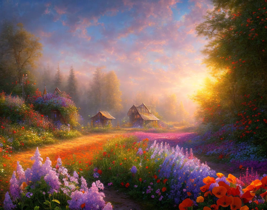 Thatched-roof village with colorful flowers under warm sunrise