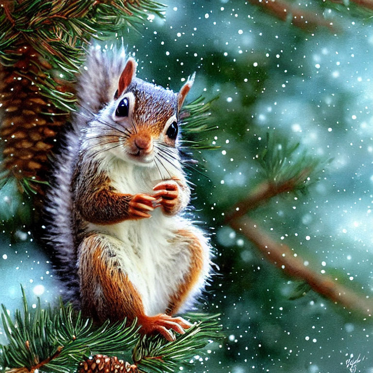 Squirrel on pine branch in falling snow, holding object with paws