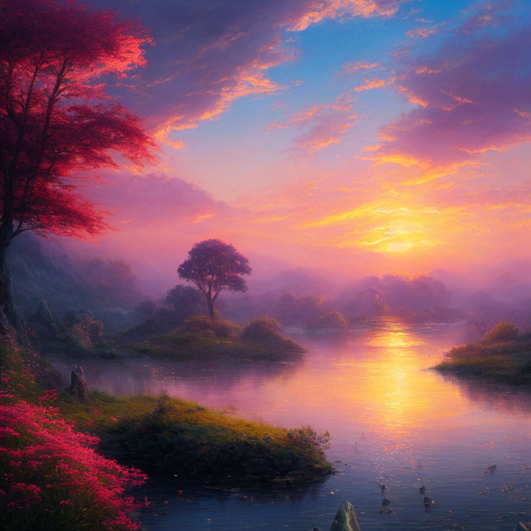 Tranquil riverscape at sunset with pink and orange skies and lush surroundings