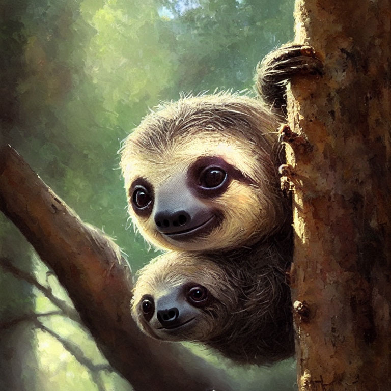 Smiling sloths peeking around tree trunk in sunlit forest