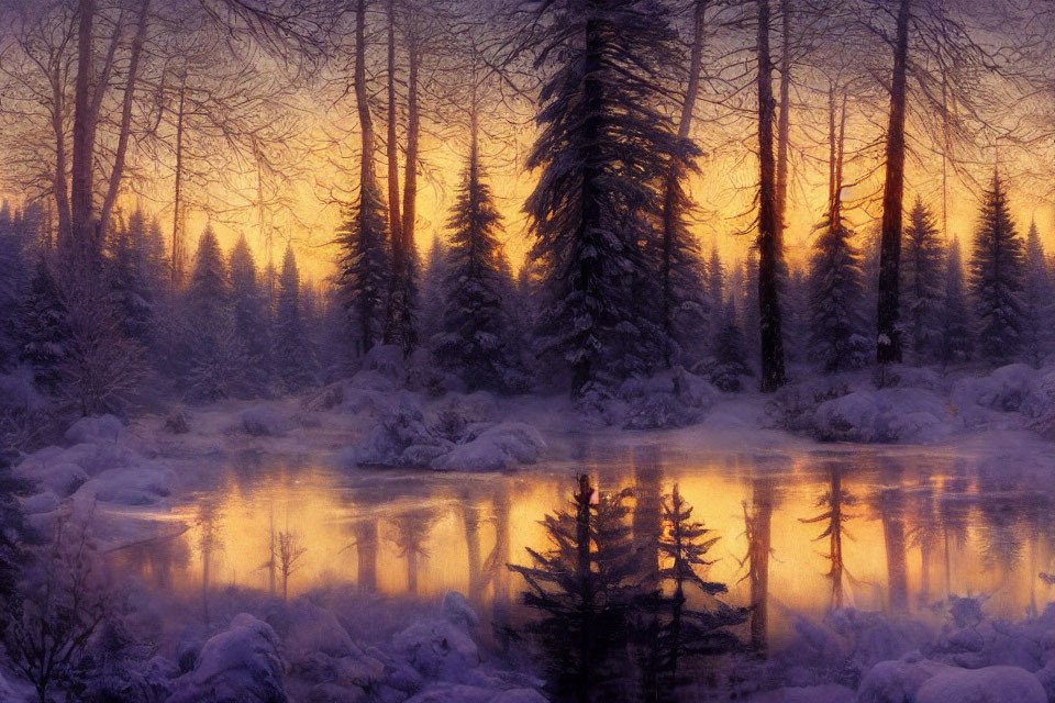 Snowy forest and frozen pond at sunrise