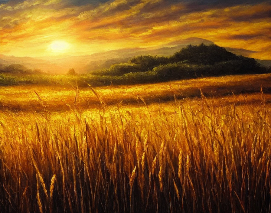 Golden wheat field under warm sunset with rolling hills and dramatic sky