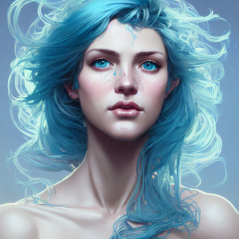 Portrait of Woman with Blue Hair, Blue Eyes, Freckles, and Crack Design