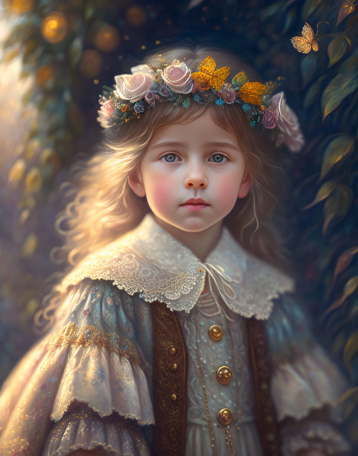 Young child in vintage dress with blue eyes and floral crown, accompanied by golden butterfly