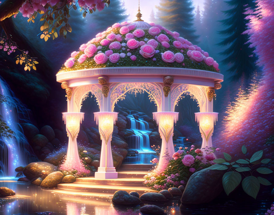 Twilight gazebo with pink roses, waterfall, lanterns in mystical forest