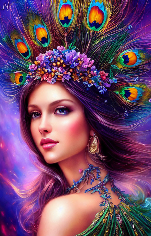 Colorful Woman with Peacock Feather Headpiece and Floral Jewels