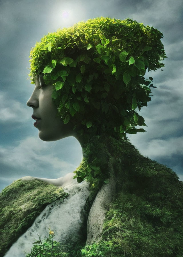 Surreal artwork: Woman's profile merges with nature elements