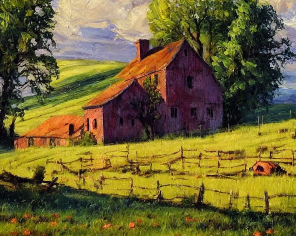 Rustic red barn in vibrant green pasture with split-rail fence