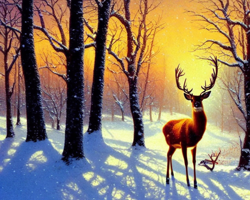 Majestic stag in snowy forest with sunlight and long shadows