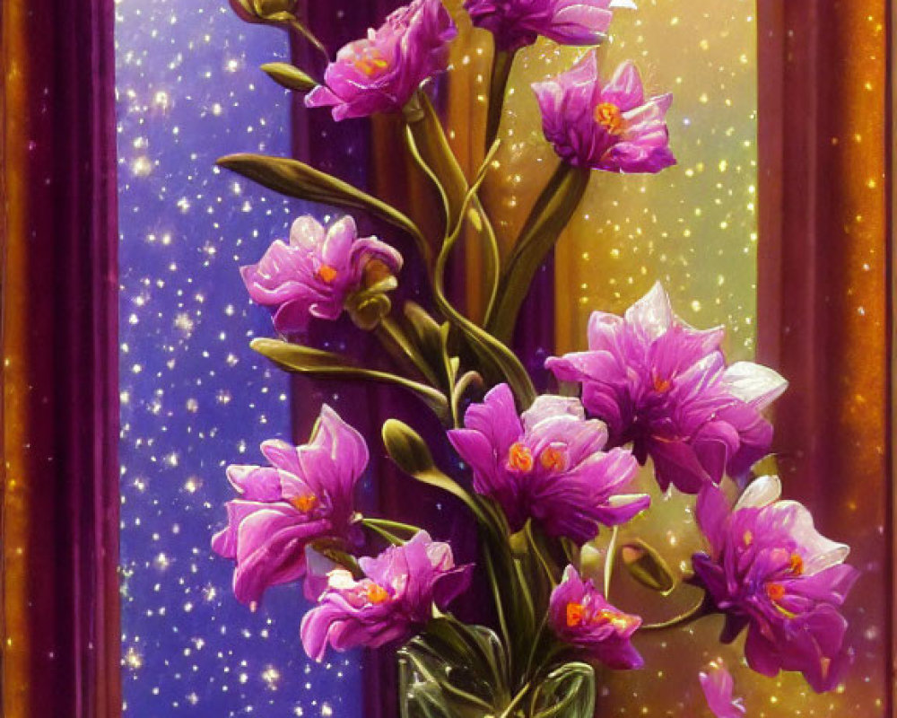 Purple flowers in glass vase with starry night sky - petals on window sill