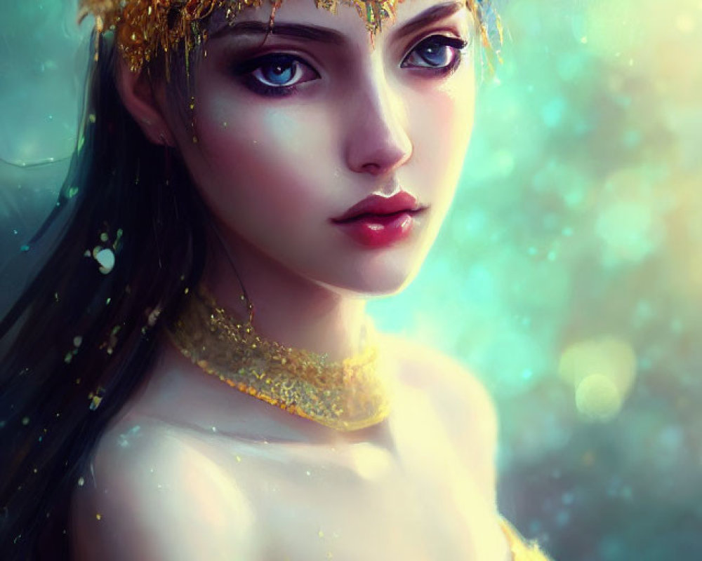 Detailed digital portrait of woman with blue eyes and golden headpiece against soft background