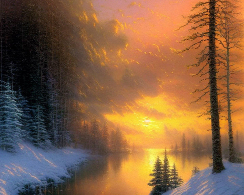 Snow-covered trees and tranquil river in winter sunset scene