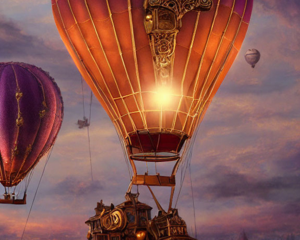 Steampunk hot air balloon with clock and gears over dreamy cityscape