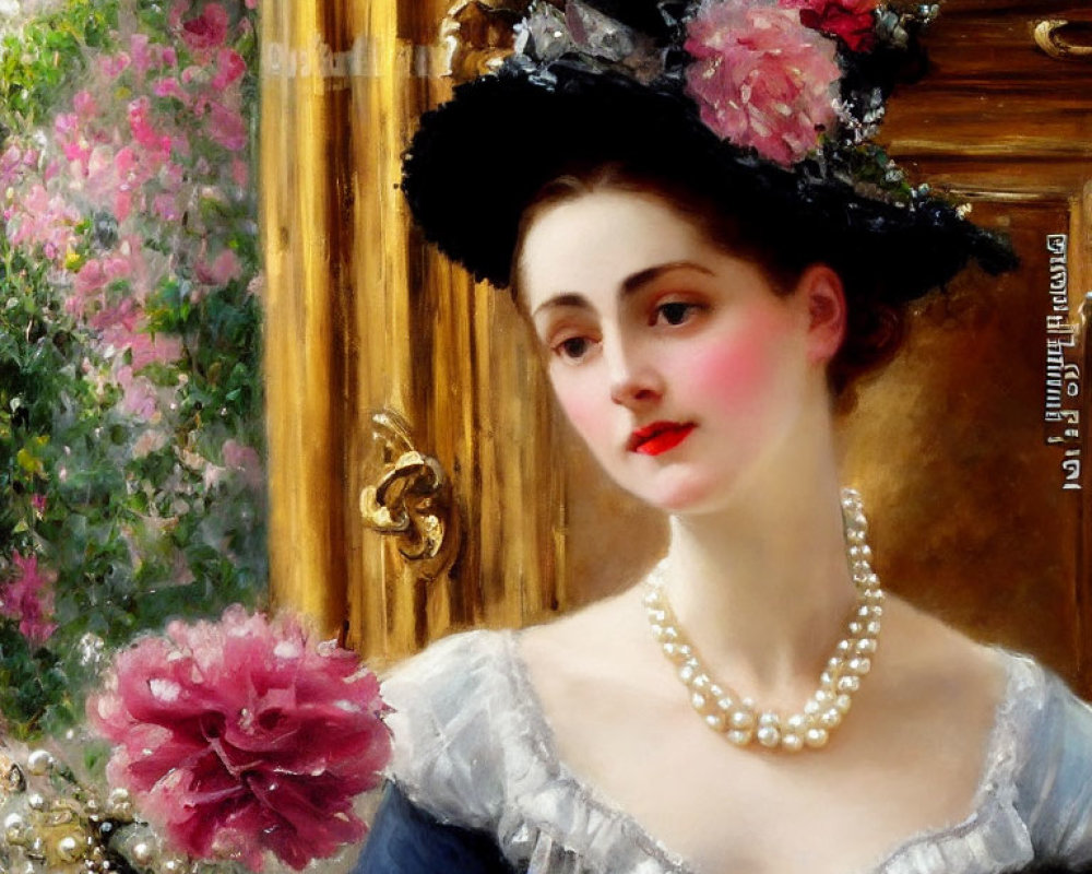 Classic Painting of Elegant Woman with Pearl Necklace and Black Hat Near Blooming Bush