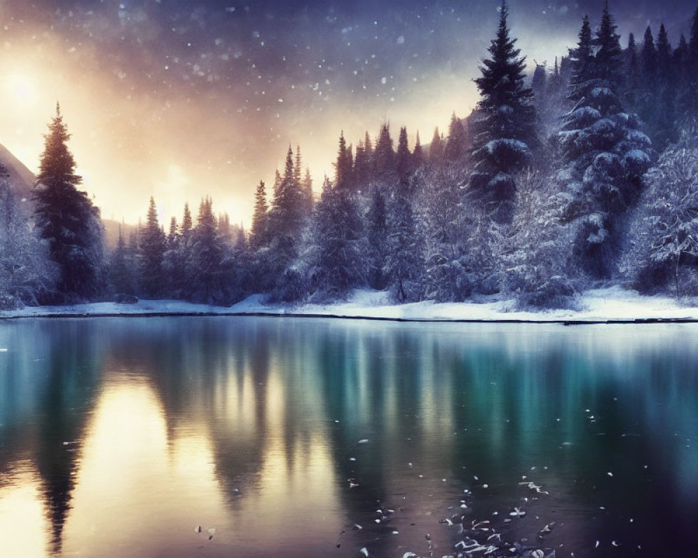 Snow-covered trees, tranquil lake, twilight hues: serene winter landscape.