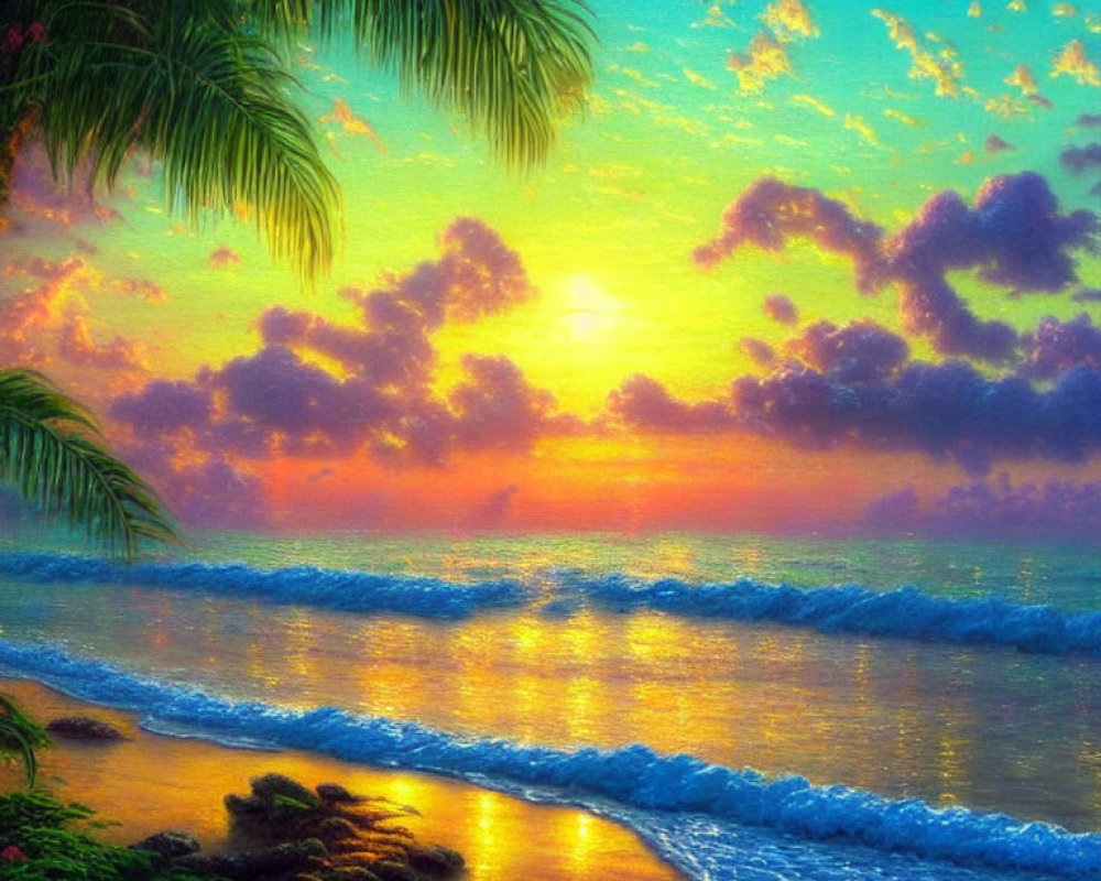 Scenic Sunset with Golden Sky, Ocean Waves, and Tropical Foliage