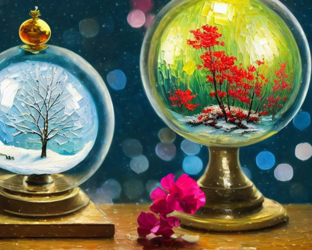 Ornate globes on wooden surface: snow-covered tree and blooming tree with pink flower.