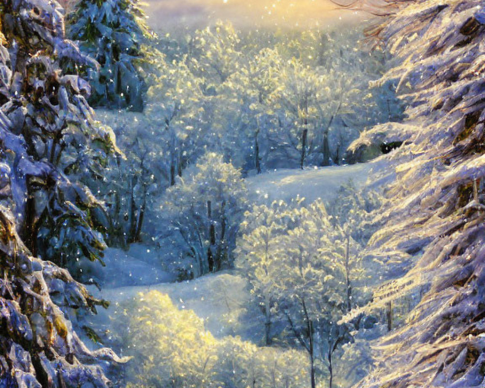 Snow-covered trees in a glowing winter forest clearing