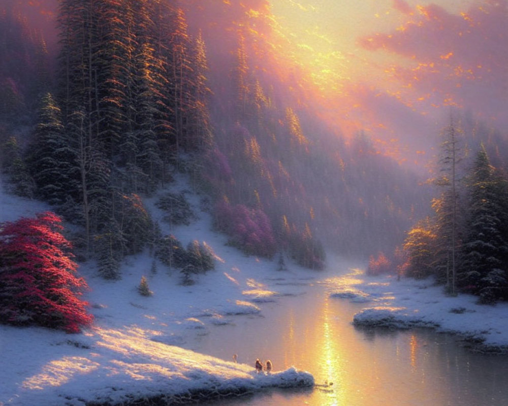 Snowy Sunset Winter Landscape with River and Evergreen Trees