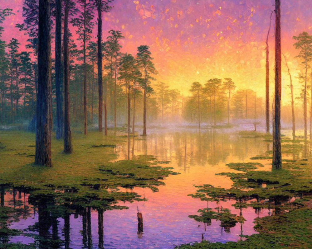 Tranquil forest with tall pine trees reflected in water at colorful sunset