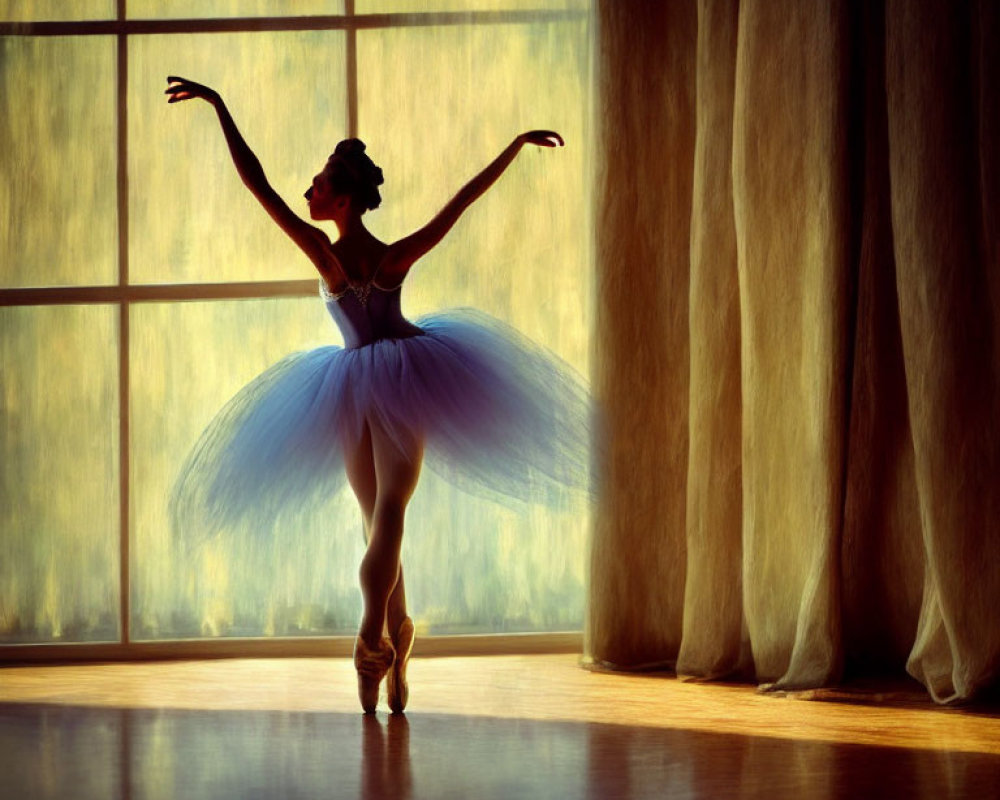 Blue tutu ballerina en pointe by window in softly lit room