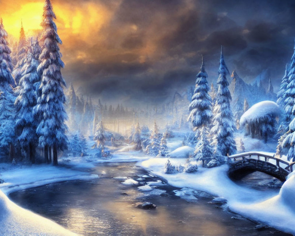 Snow-covered trees, frozen creek, and golden sunrise in winter landscape