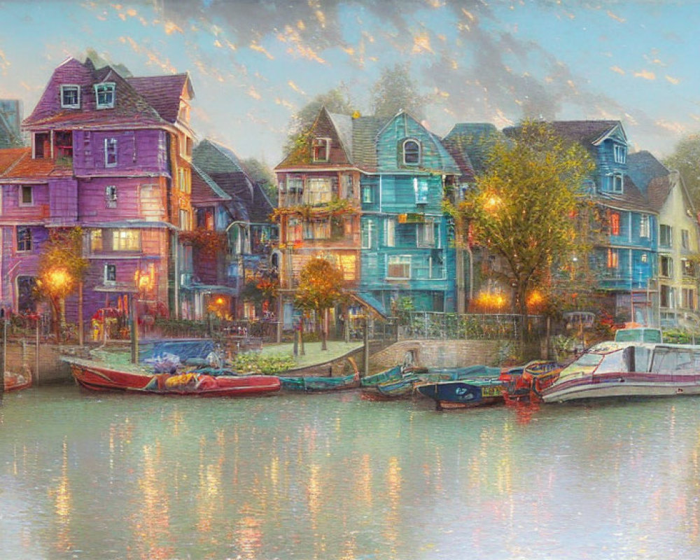 Vibrant riverside houses at twilight with boats and reflections in serene setting