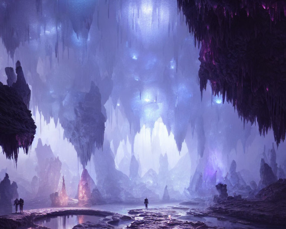 Mystical cave with glowing crystals and purple light, water pool, and silhouette.