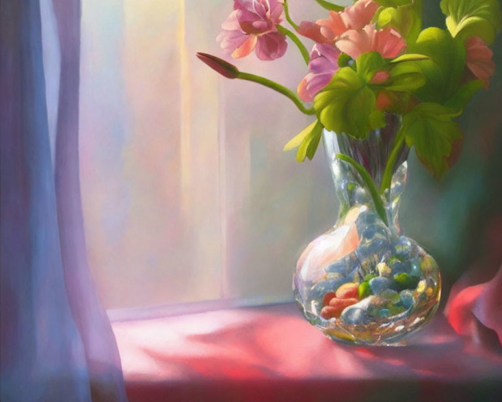 Colorful painting of glass vase, pink flowers, and greenery on red table near sunny window.